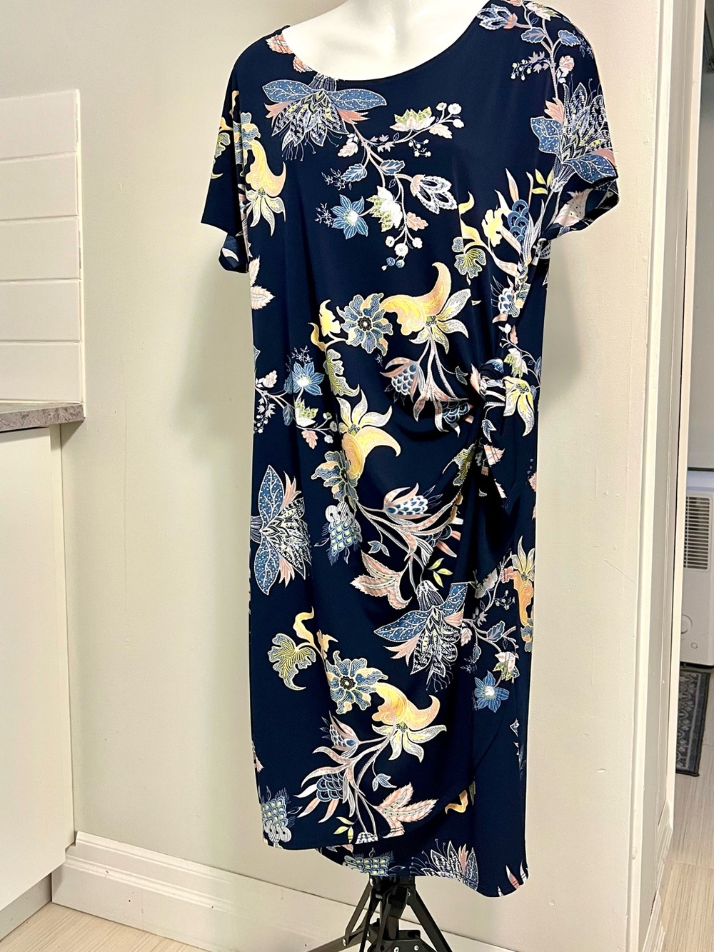 Robbie Bee Navy Floral Dress with Orange & Yellow Accents